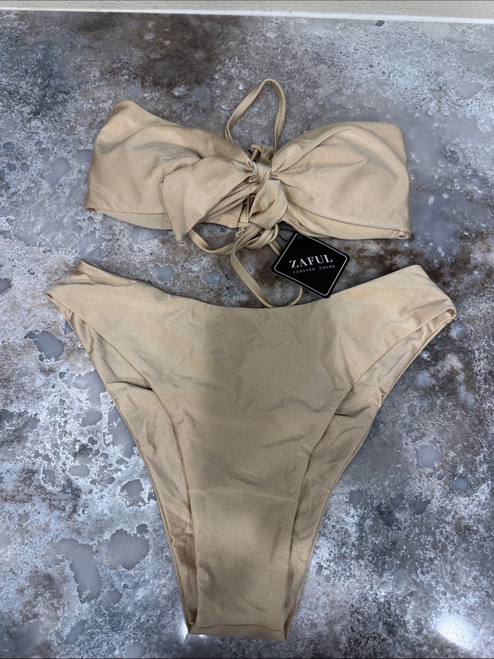 Zaful Beige Bandeau Tie-Front Bikini Set